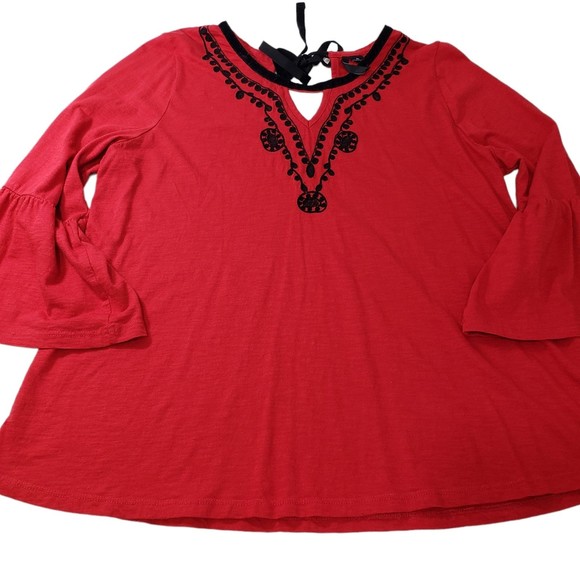 New Directions Red 3/4 Sleeve Blouse with Embroidery and Bell Sleeves, Size PL - Picture 10 of 10